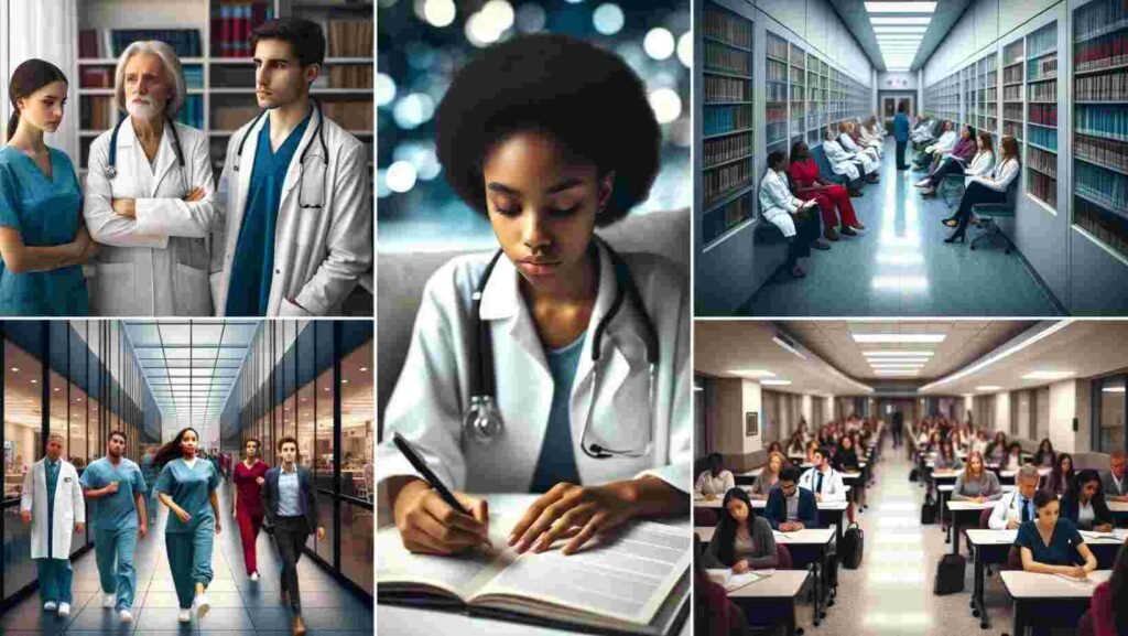 Collage showcasing various phases of a medical career journey.