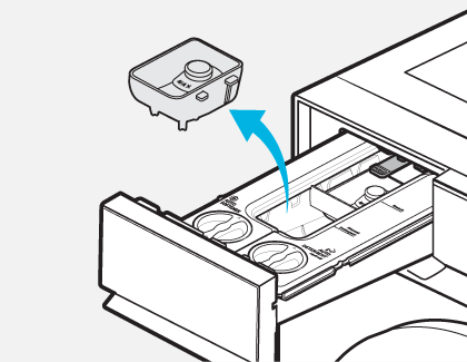 A manual detergent compartment being pointed by a blue arrow from a Samsung front load washer