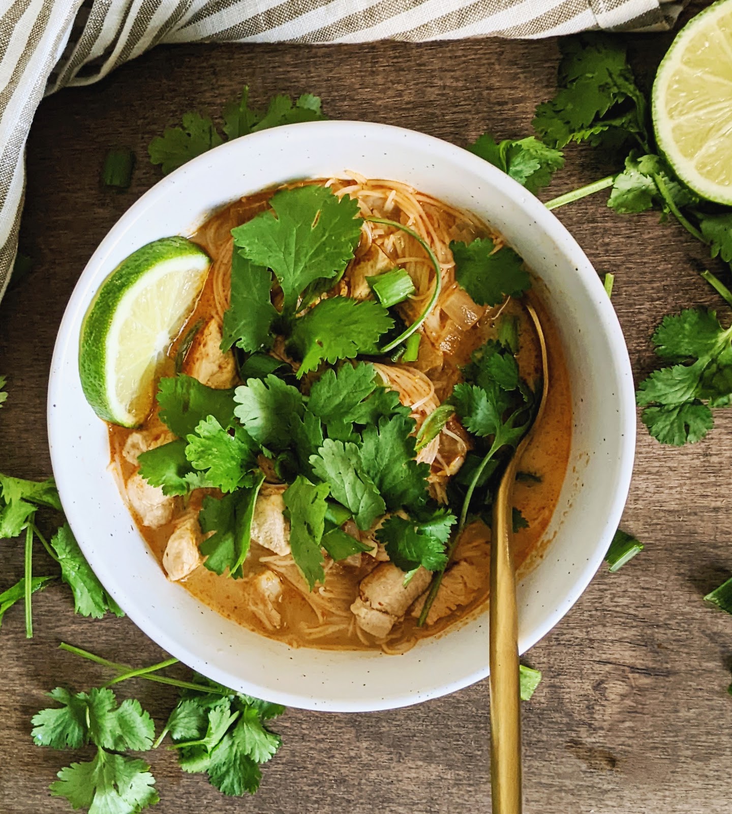 top down view of Thai chicken noodle soup in a bowl topped with cilantro