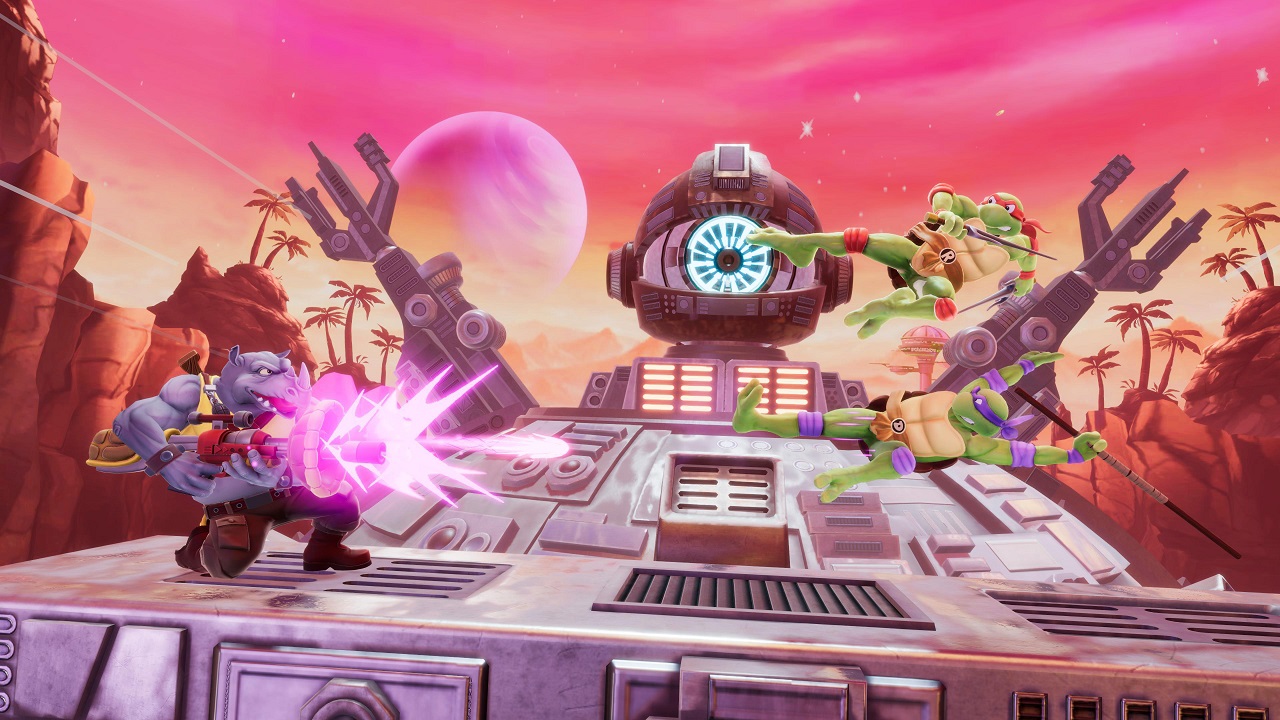 Ninja Turtles leap to action in a fight against Rocksteady. 