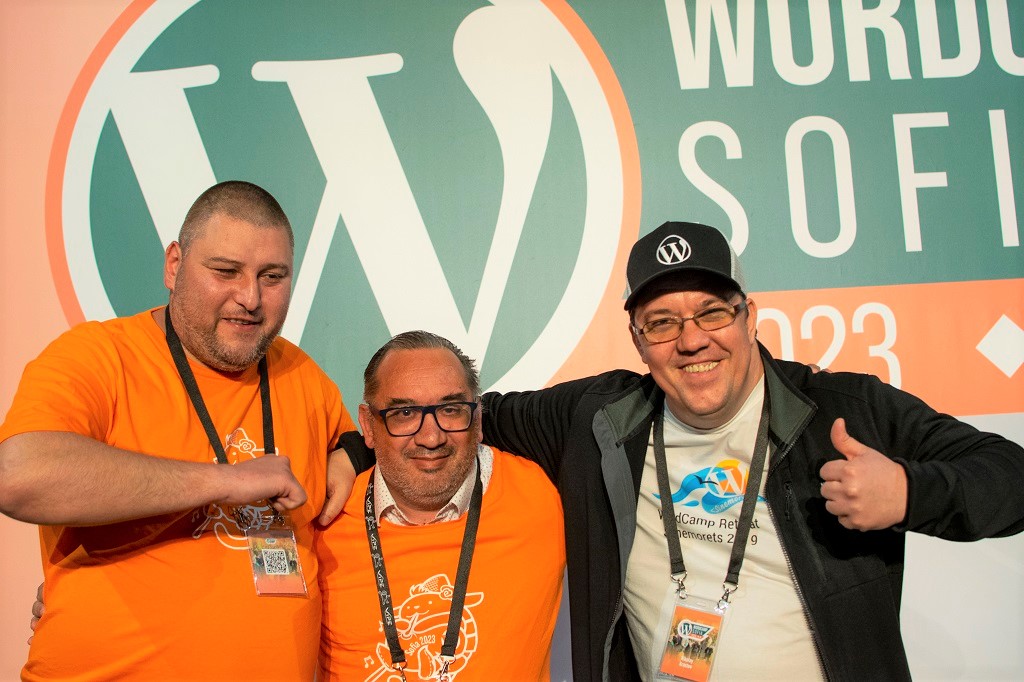 Ismail and friends at WordCamp Sofia 2023, April 22, 2023, "John Atanasov" forum, Sofia Tech Park