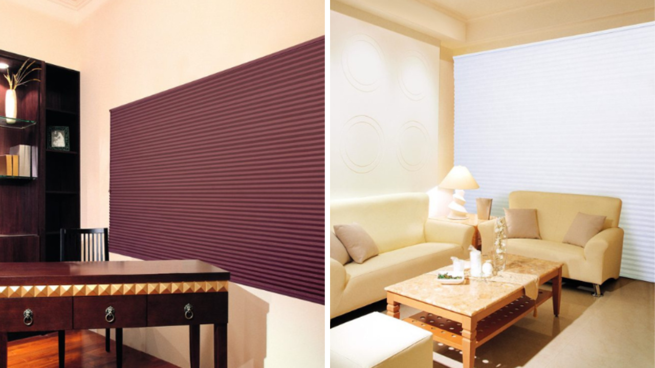 Collage of white and red honeycomb blinds in different rooms