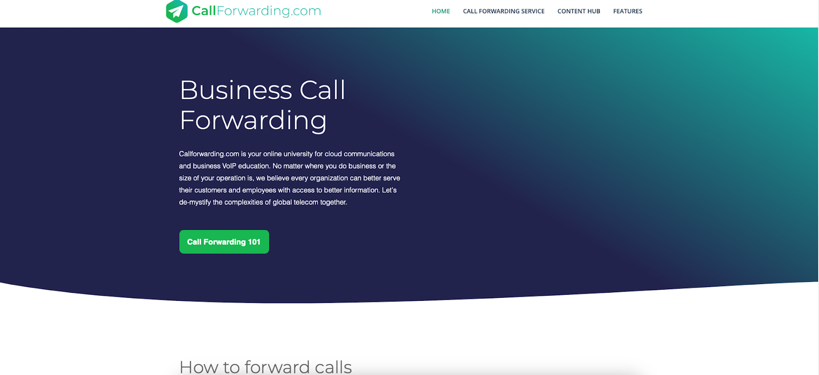 CallForwarding website snapshot highlighting the services it offers.