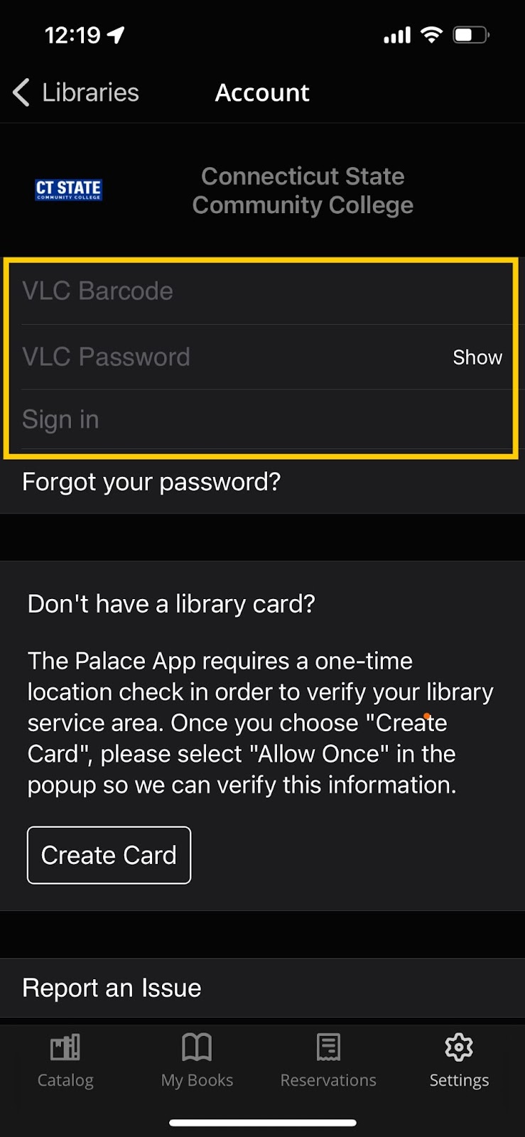 An image of the VLC Barcode and Password input screen in the Account section of the Palace Project app.