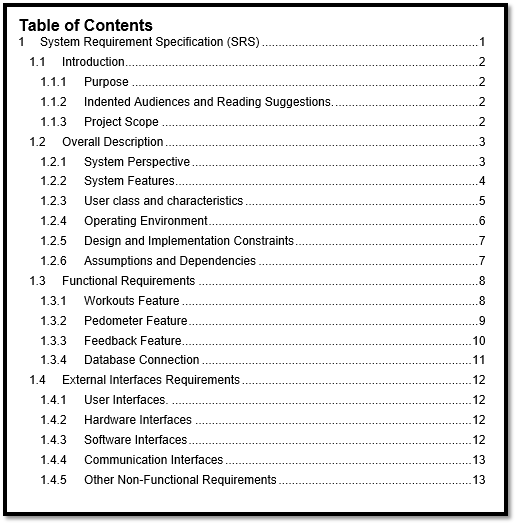 SRS document table of contents