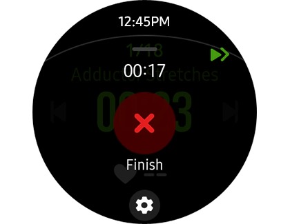 Red X icon above Finish in the Samsung Health app on a Galaxy Watch