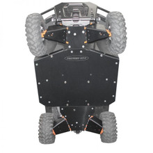 An image of the undercarriage of a Polaris Ranger equipped with a full UHMW skid plate set. 