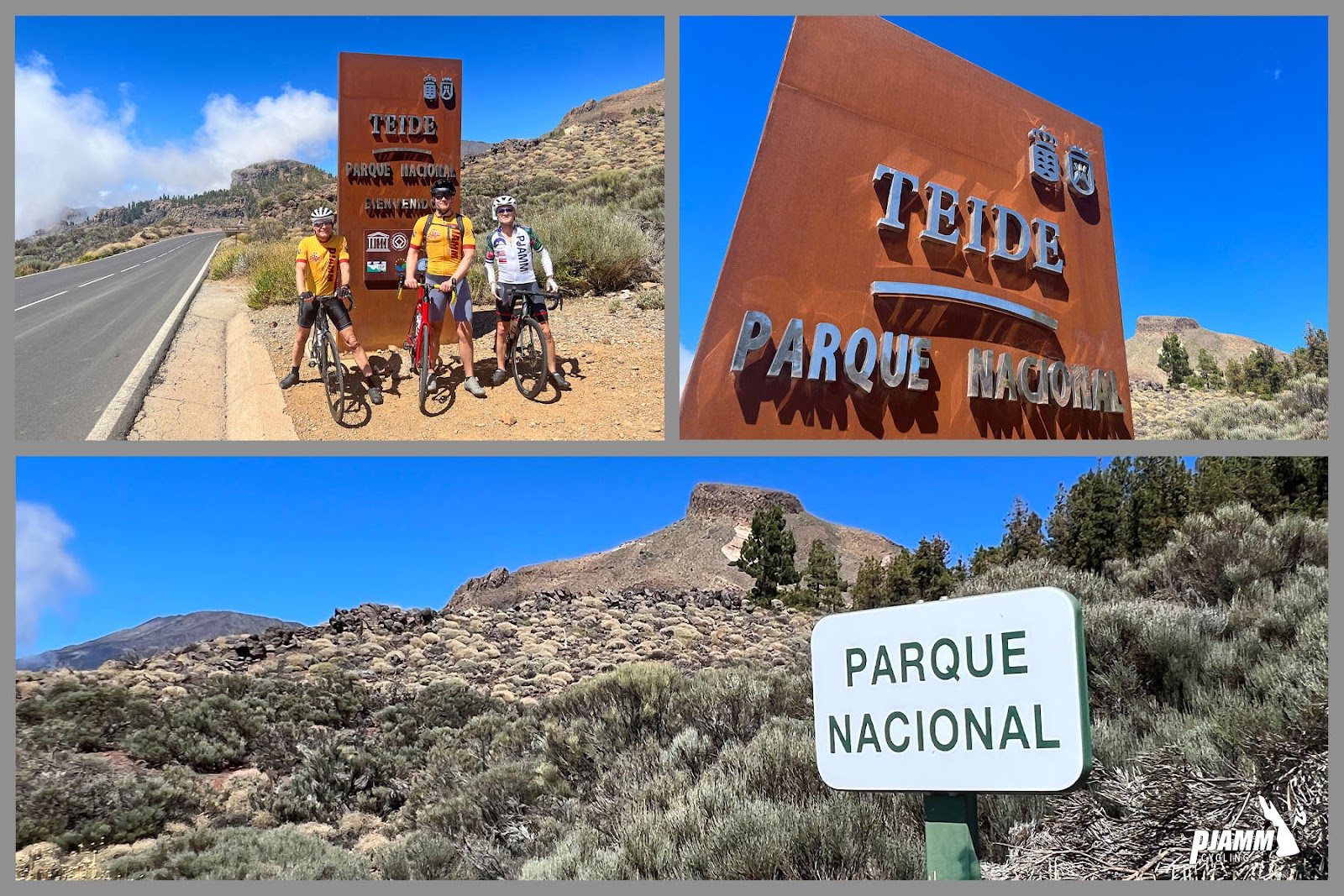 PJAMM Cyclists stand with bikes in front of sign for Teide Parque Nacional