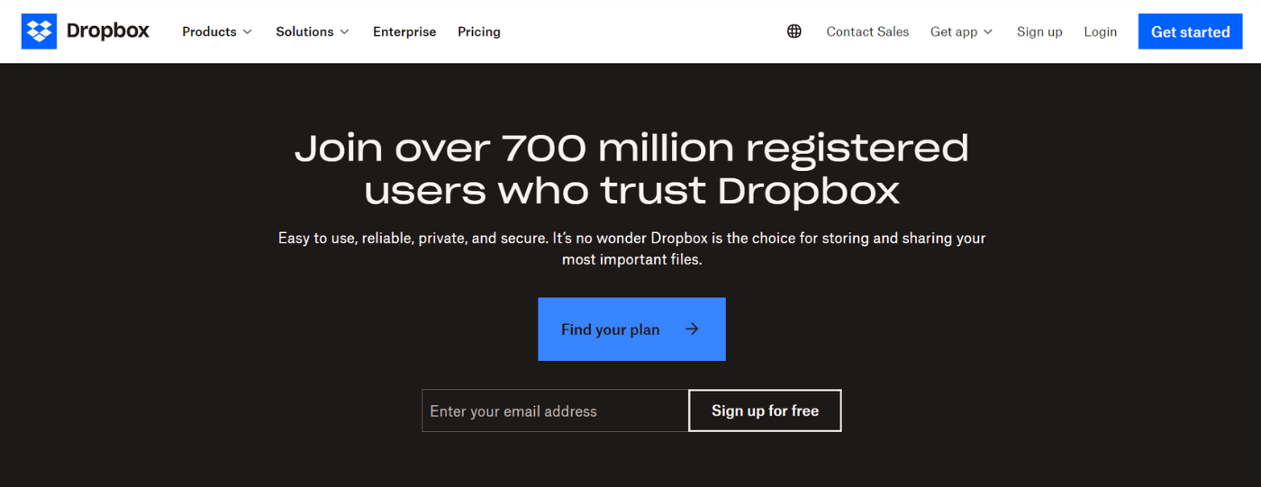 A screenshot of Dropbox's website