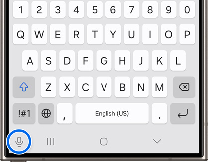 Microphone icon highlighted on the bottom left of the Samsung keyboard on a Galaxy phone