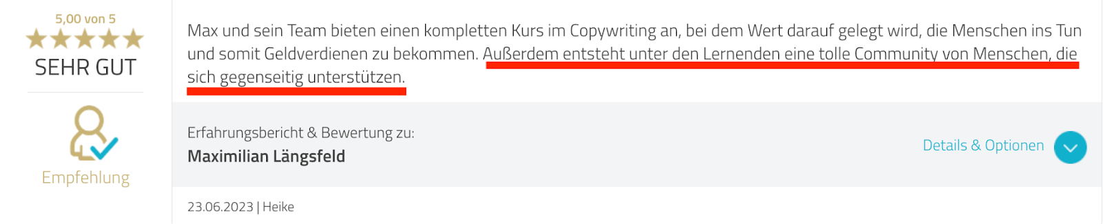 Bewertung einer Copywriter Ausbildung auf Proven Expert