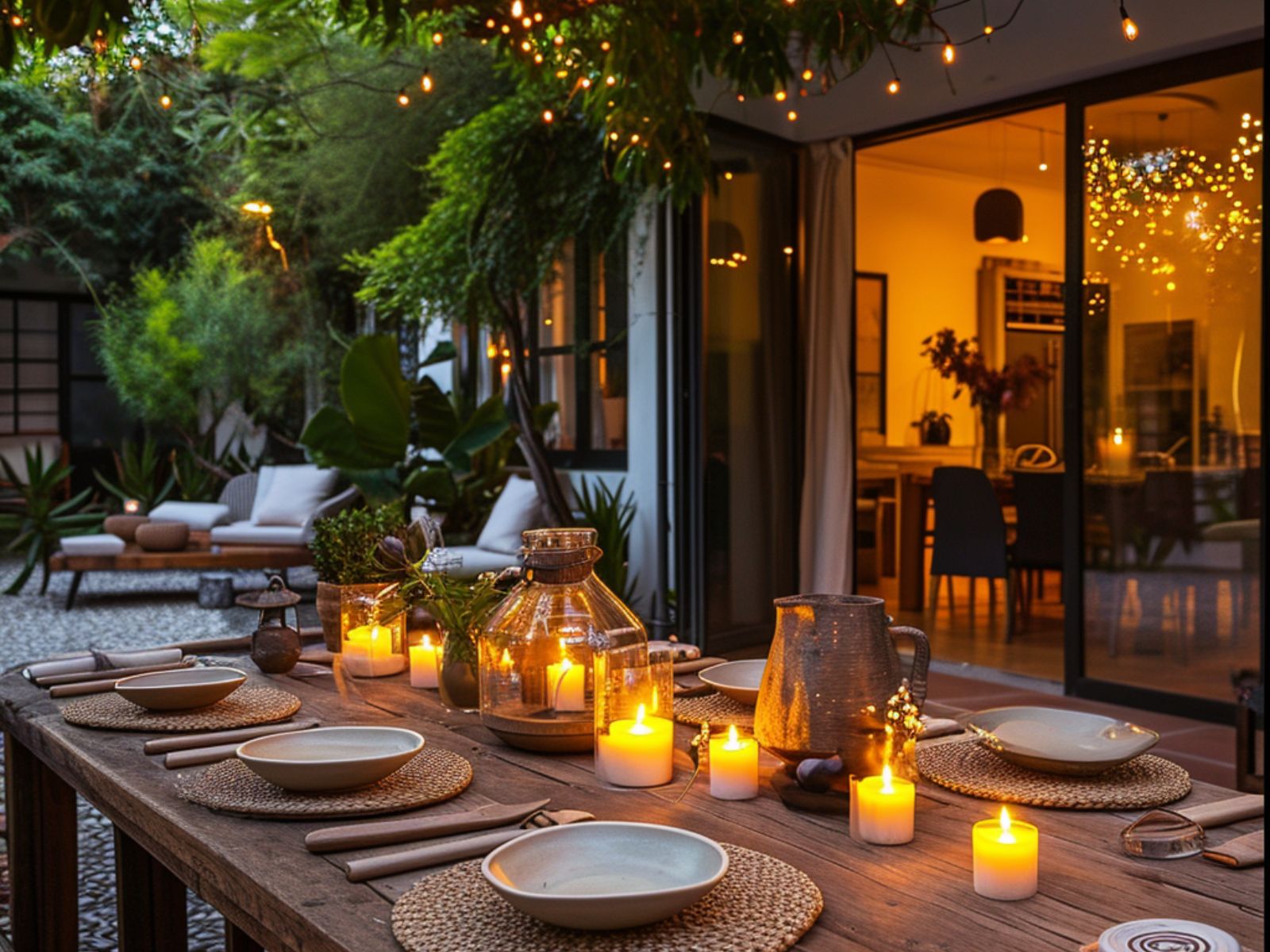 An outdoor dining area decorated with candle lights