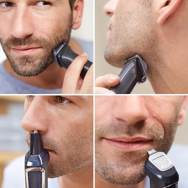 hair cutting trimmer on man,s face, here are 4 picture different angle