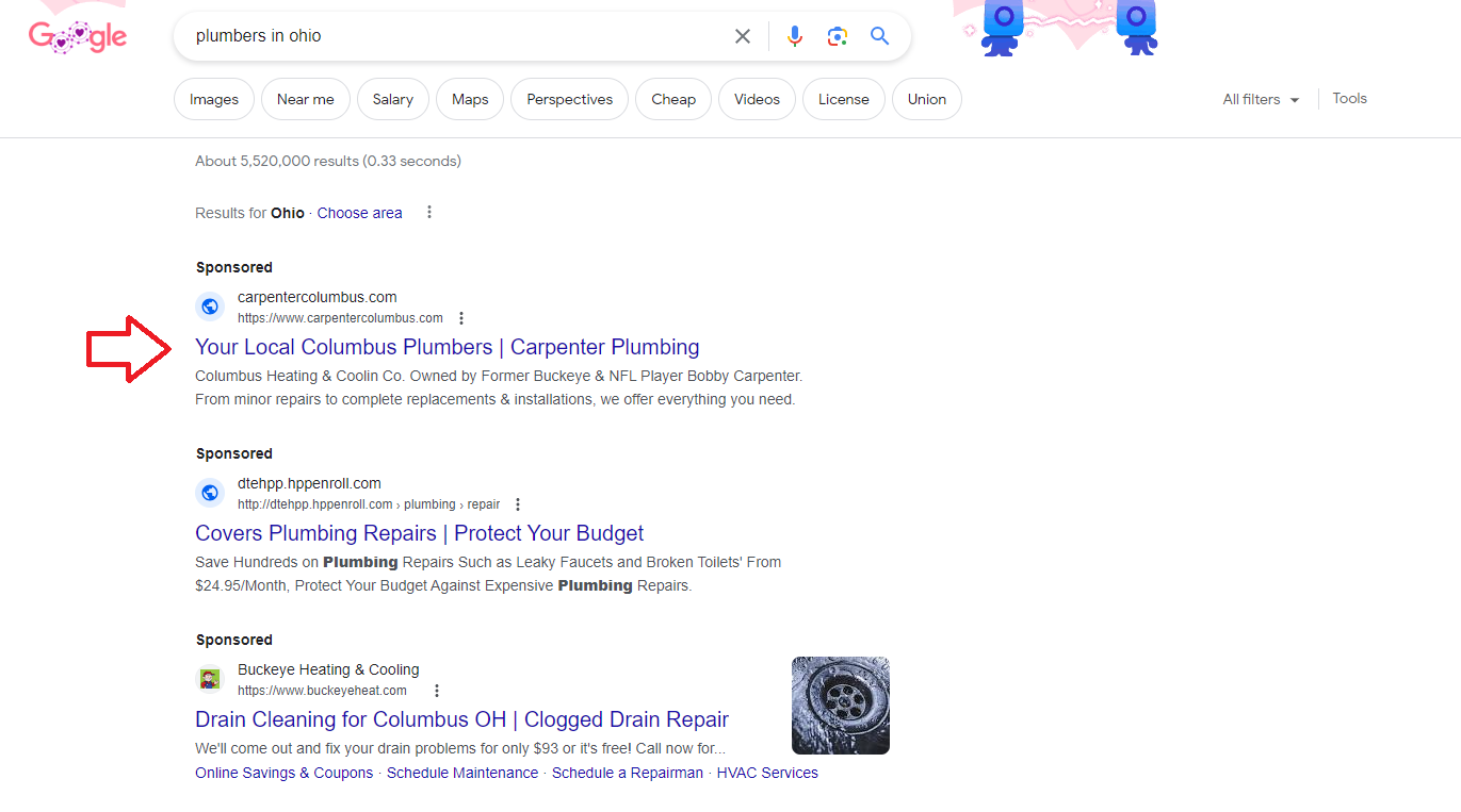 Google search results showing plumbers in ohio