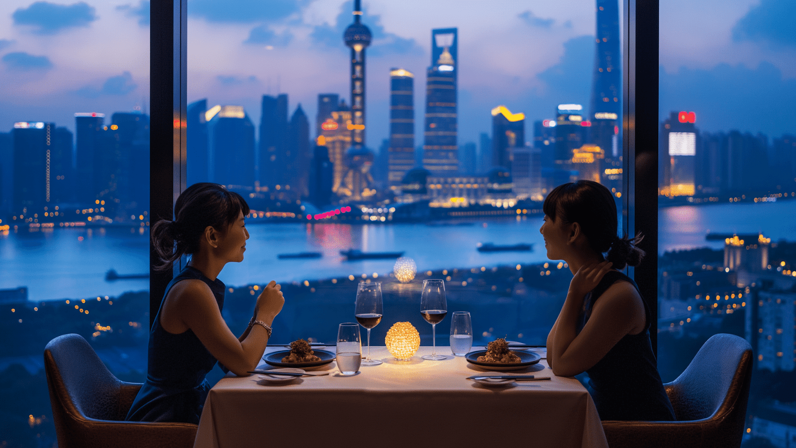 Fine dining with city skyline view at one of the best hotels in Asia for luxury cuisine