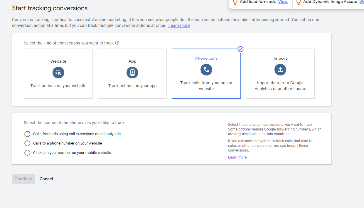 A screenshot showing how to track Phone call conversions in Google Ads.