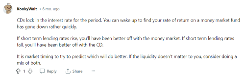 Someone on Reddit explains how money market vs CD rates differ. 