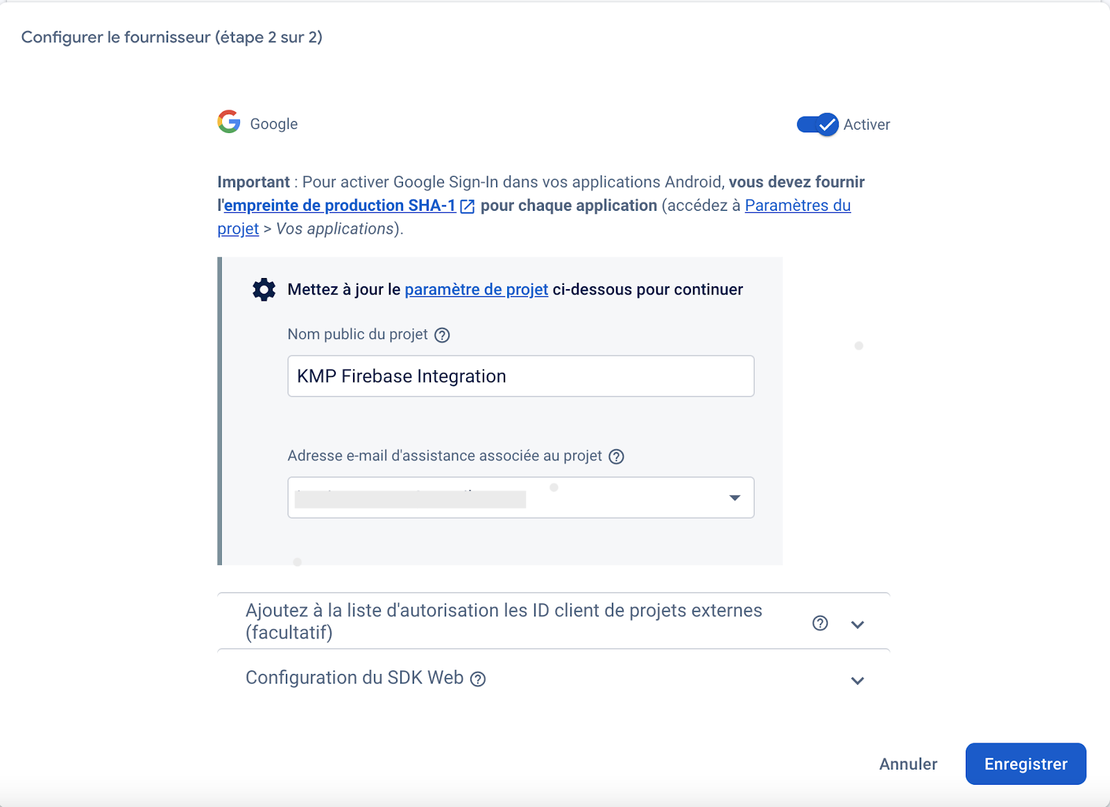 Capture d'écran de la deuxième étape pour ajouter l'authentification avec Google sur Firebase