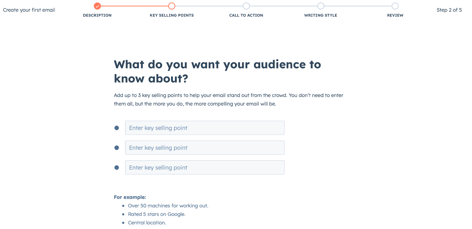 Screenshot of HubSpot's AI Email Writer that consists of 5 steps, from description of your campaign to review.