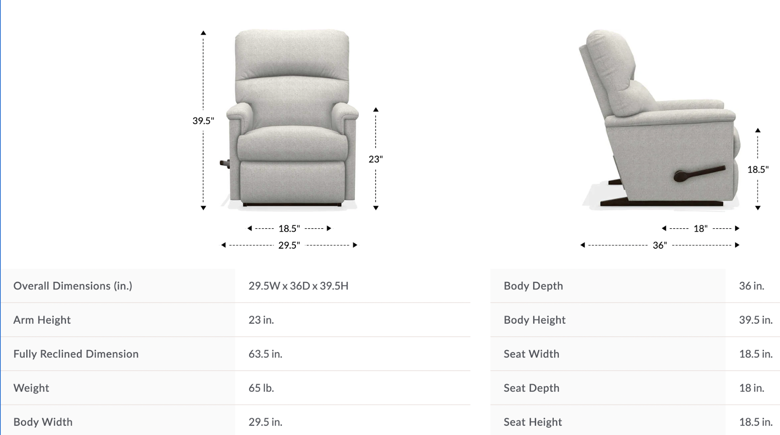 collage rocking recliner dimensions