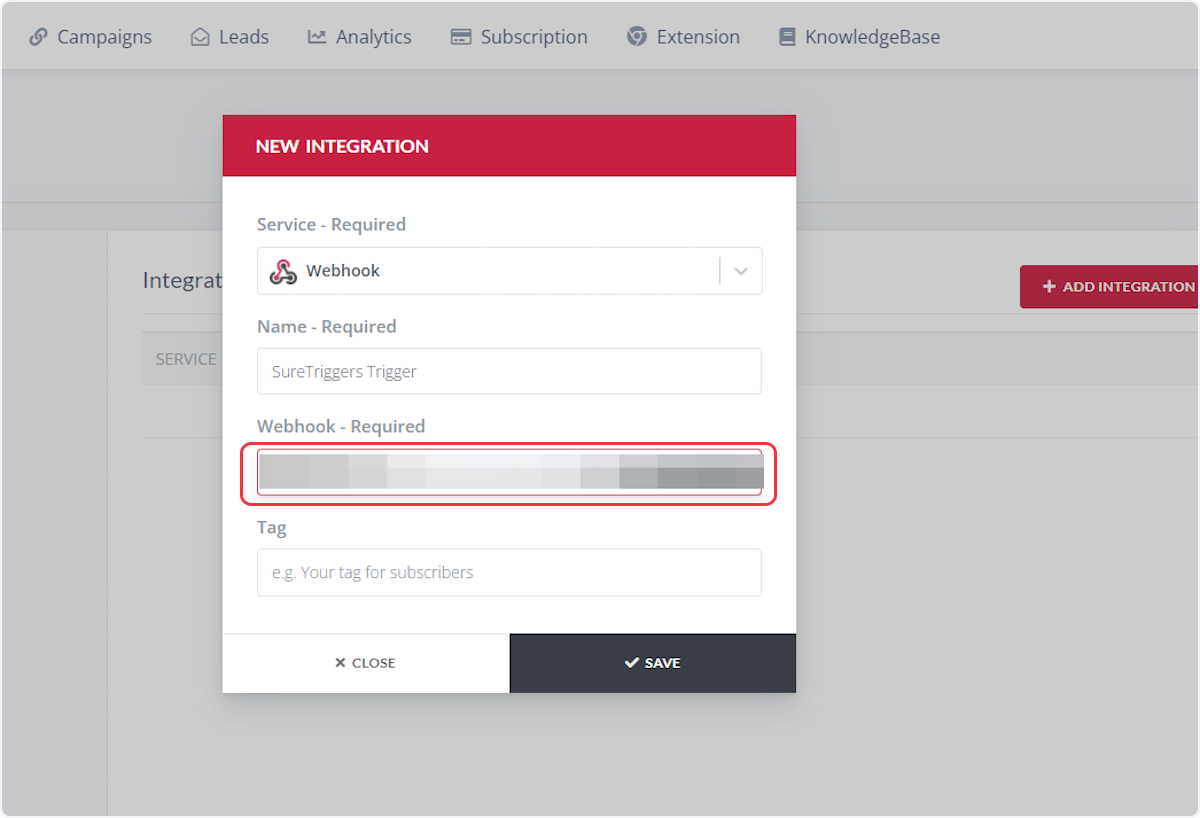 Copy the webhook link from the trigger flyout and paste it under the 'Webhook' field.