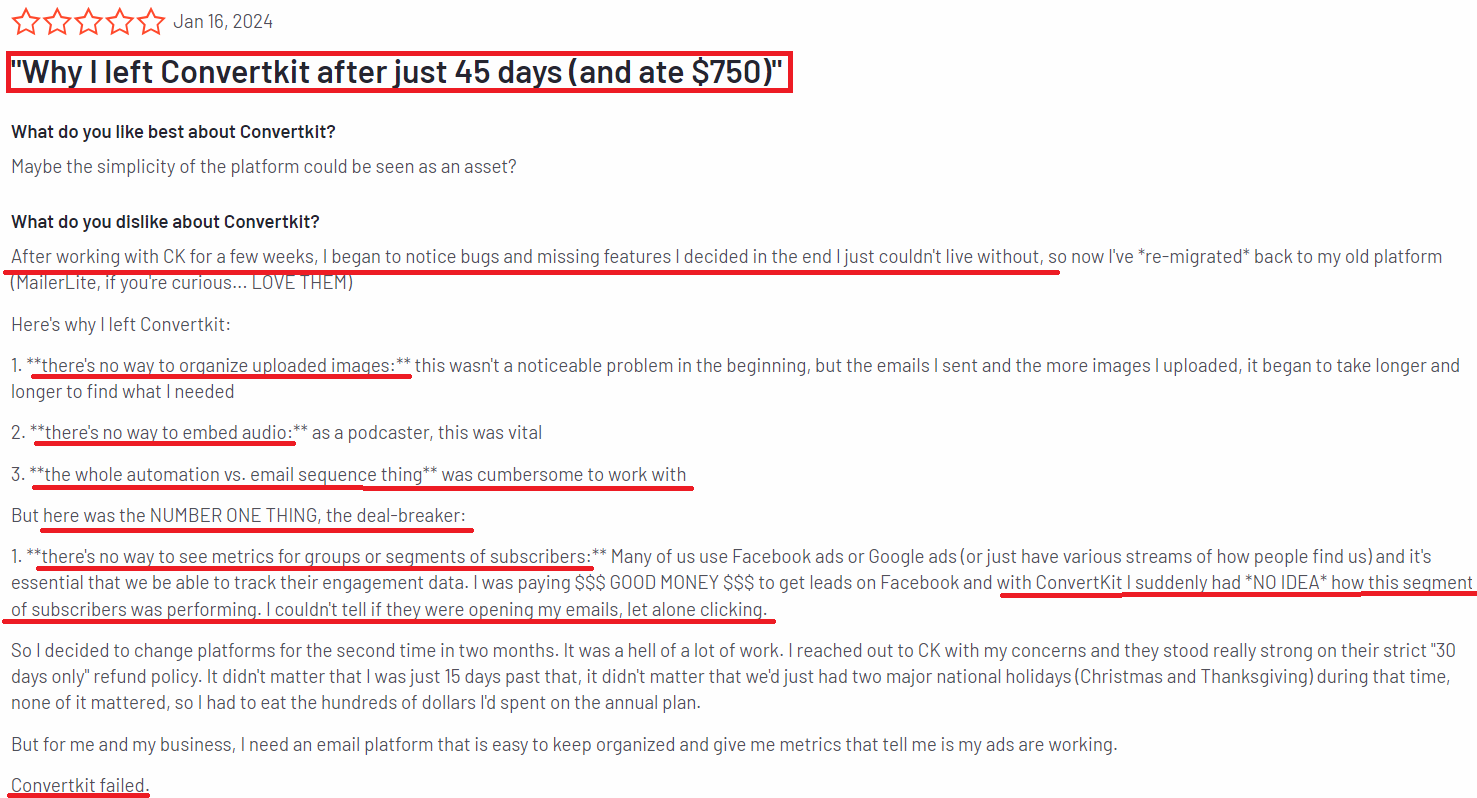 1. ConvertKit review from a customer. Source: G2.