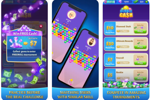 Bubble Cash screenshots from the Apple App Store showing game play and the available cash tournaments. 