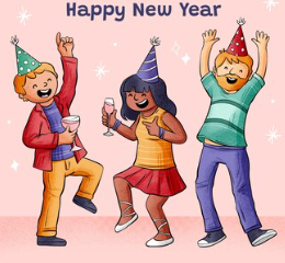 Happy New Year Graphic Illustrating Enjoyment of 3 Friends
