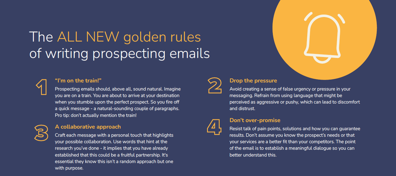 A graphic showing four of Sopro's golden rules for writing prospecting emails