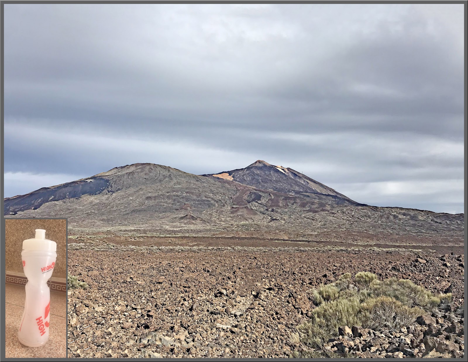 photo of desert scrub brush landscape with Mt. Teide in background, inset in corner is a picture of a water bottle collapsed from the altitude