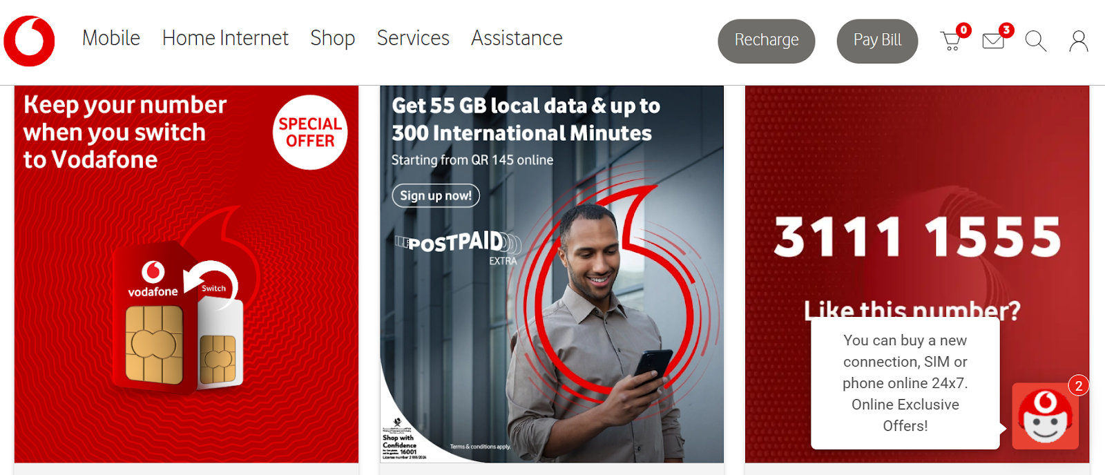 Vodafone Qatar website snapshot highlighting the services it offers.