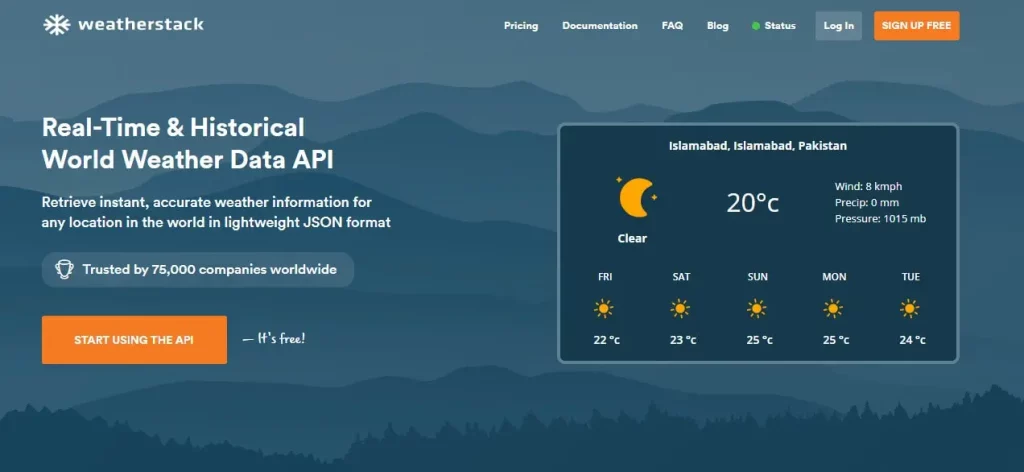homepage of weatherstack, the best weather API