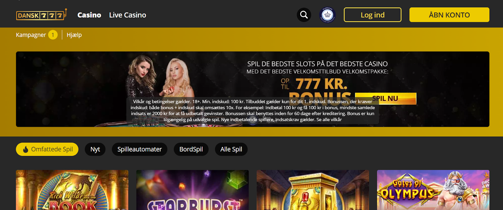 Skærmbillede af startsiden Dansk777 Casino