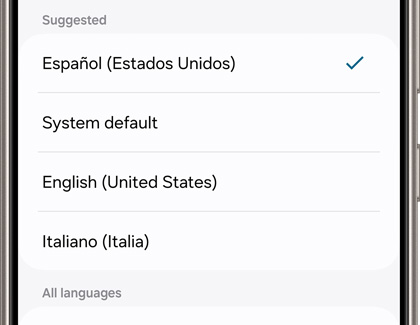 Espanol (Estados Unidos) selected under Suggested in Language settings