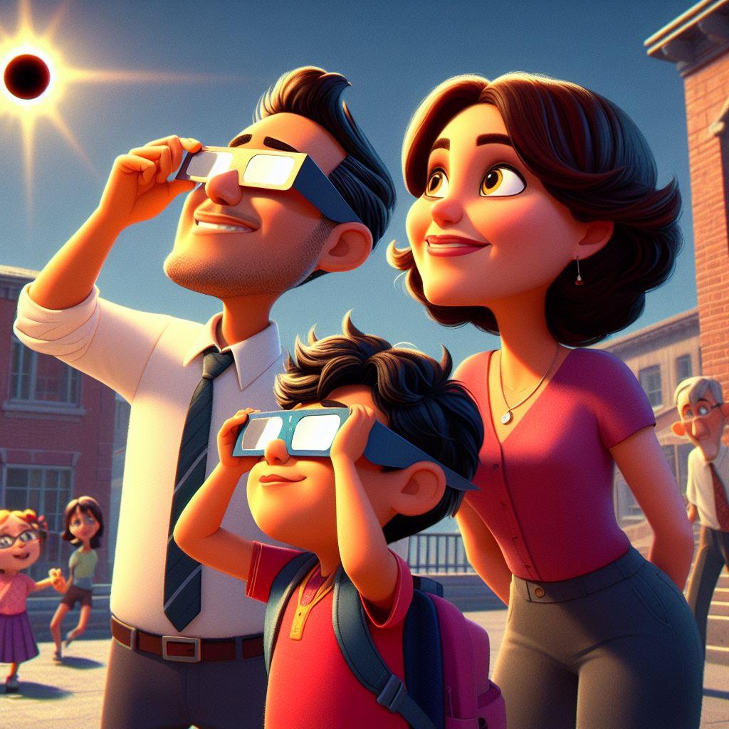 Une image en style pixar, qui montre deux jeunes enseignants (un homme et une femme) en train d'observer une eclipse solaire avec leur élève dans la cours d'une école en toute sécurité