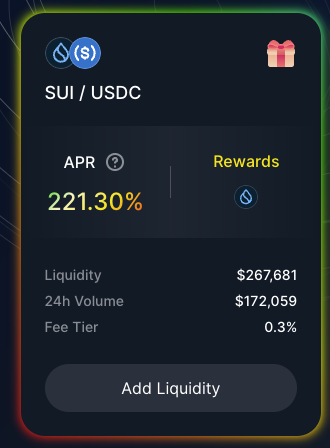 screenshot of Turbos Finance SUI/USDC liquidity pool interface