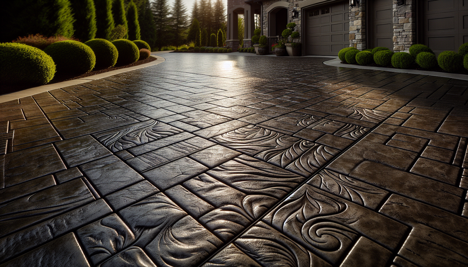 Concrete driveway with intricate stamped patterns, showcasing sophisticated design options for enhancing curb appeal.