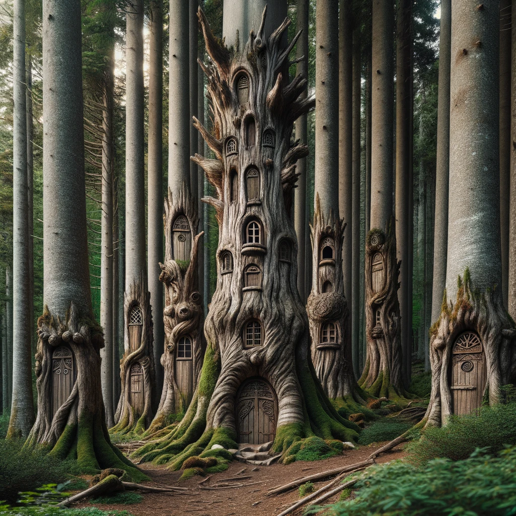 Photo of a dense, mysterious forest with tall, ancient trees. The unique feature of these trees is that they have intricately carved doors and windows in their trunks, making it appear as though they are homes for magical creatures.
