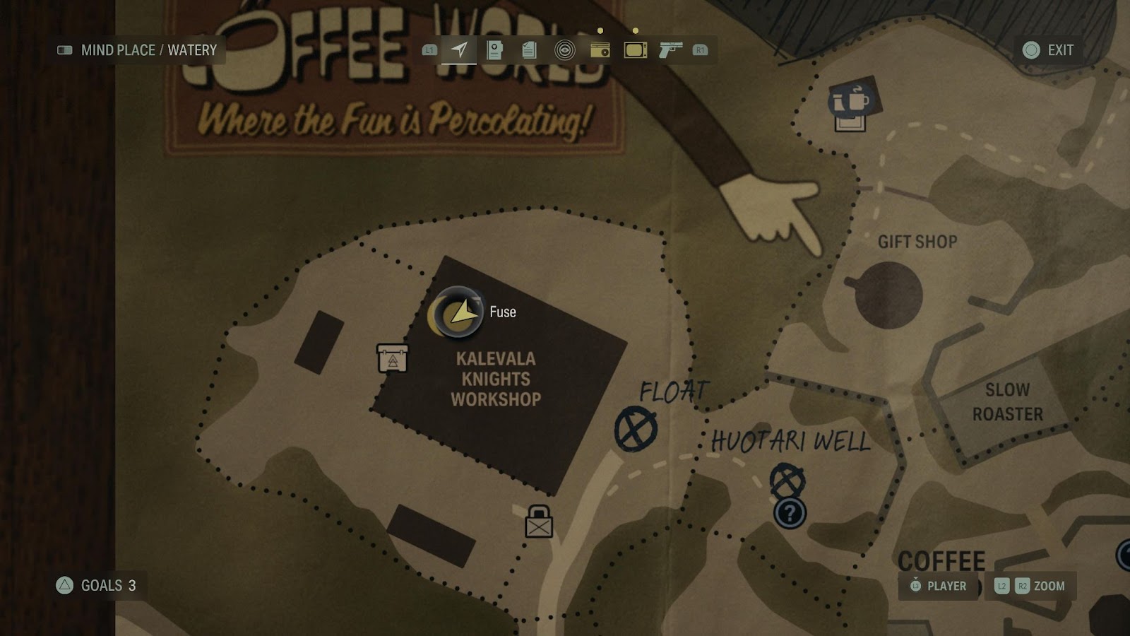 An in game screenshot of the Coffee World map from Alan Wake II. 