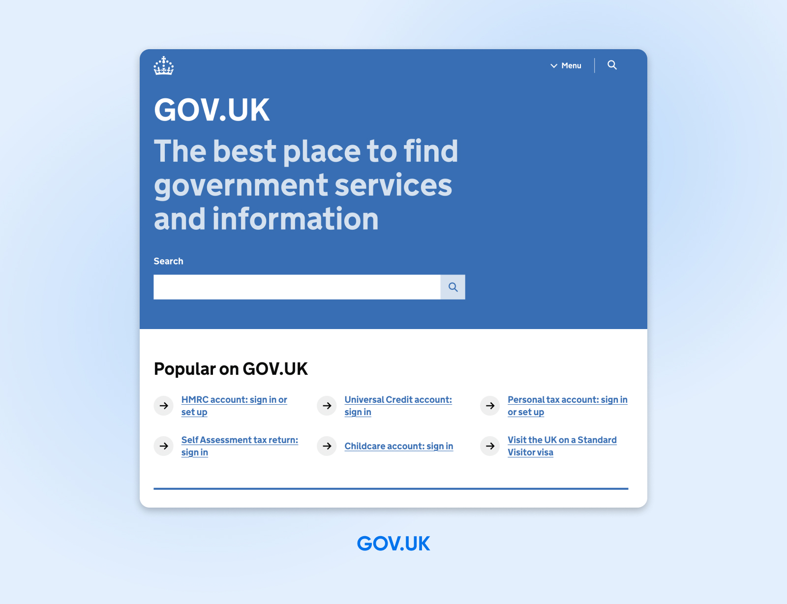Sitio web de GOV.UK en una combinación de colores azul y blanco con una barra de búsqueda y enlaces debajo de "Popular en GOV.UK" para una mejor navegación.