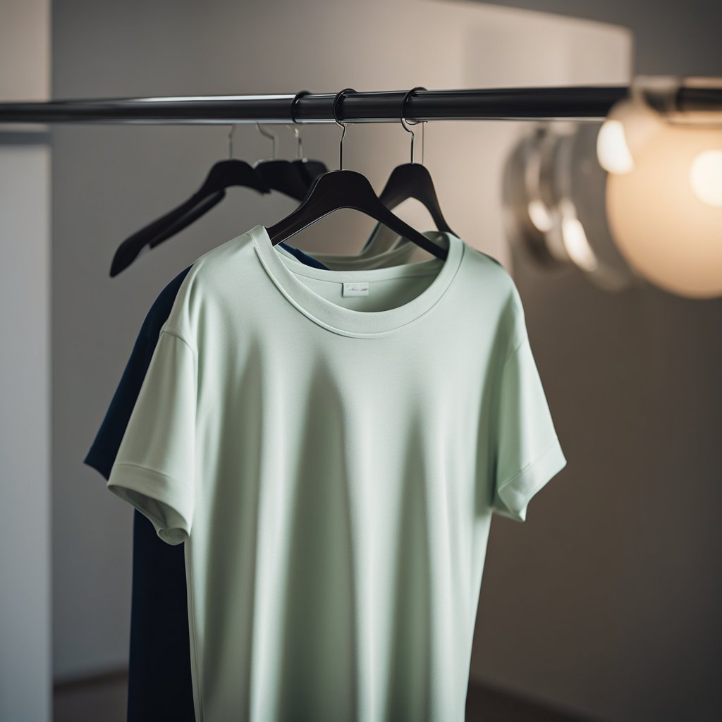 A drop shoulder t-shirt hangs loosely on a hanger, with the sleeves extending beyond the shoulder seams. The fabric drapes softly, creating a relaxed and casual look