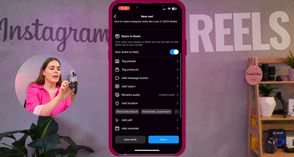 Tools and settings under the Instagram Reel preview and Save draft and Share button