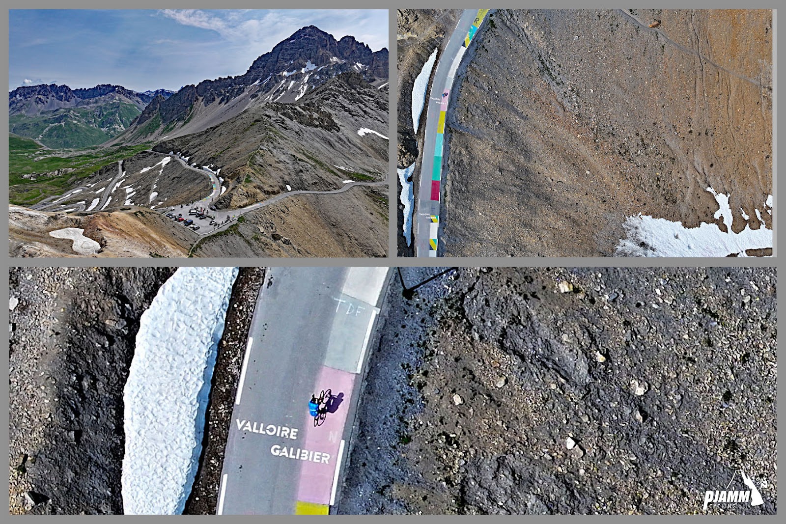 Cycling Col du Galibier from Valloire: aerial drone view shows final 50 meters of climb, roadside painted with colorful blocks, remnants of Tour de France