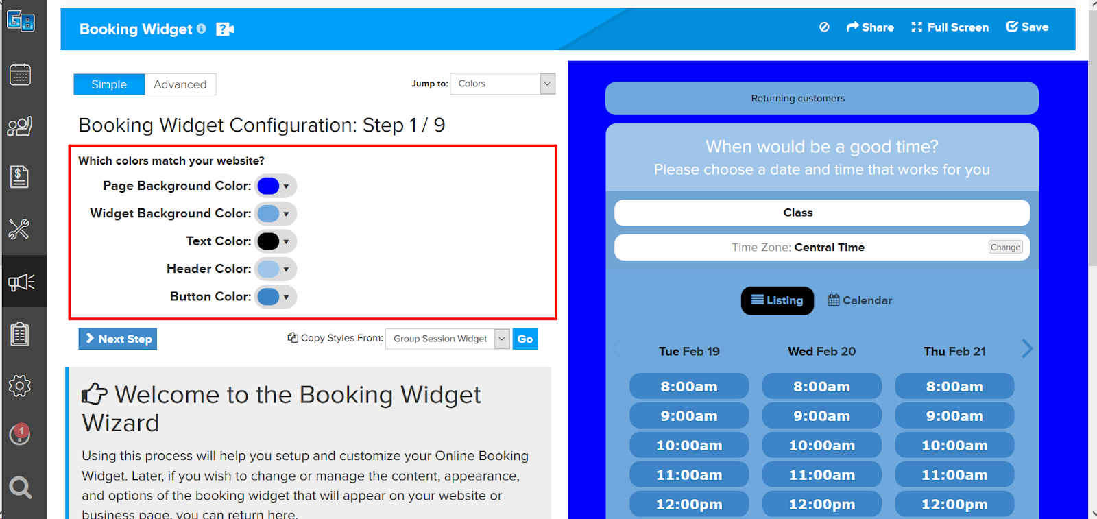 Booking Widget Configuration