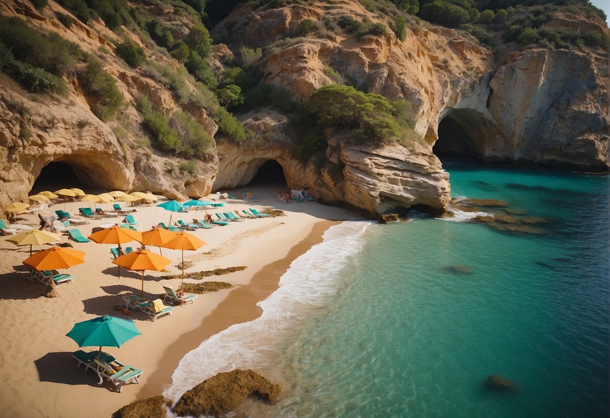 Crystal clear waters lap against golden sandy shores, framed by rugged cliffs and lush greenery. Sunbathers relax under colorful umbrellas, while the scent of saltwater and sizzling souvlaki fills the air