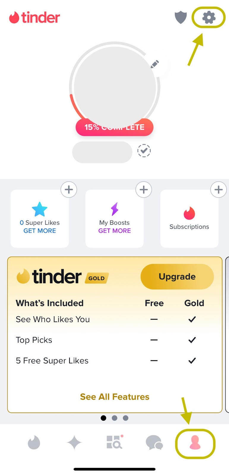 Tinder mobile phone interface showing the Profile tab, including details of Tinder Gold subscription.