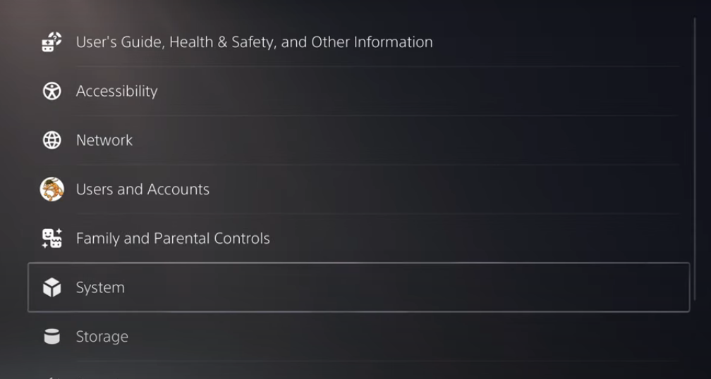 Accessing system settings on PS5