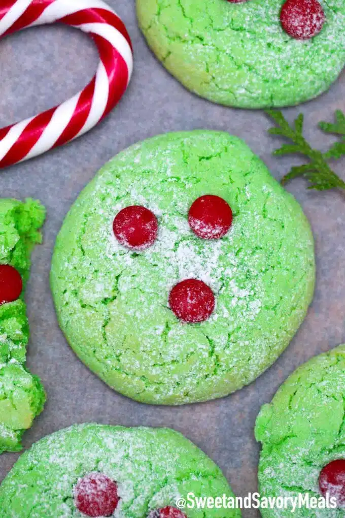grinch green sugar cookies with red M&Ms