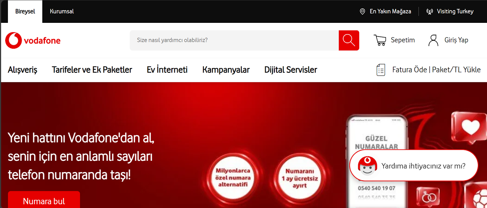 Vodafone Turkey website snapshot highlighting the services it offers.