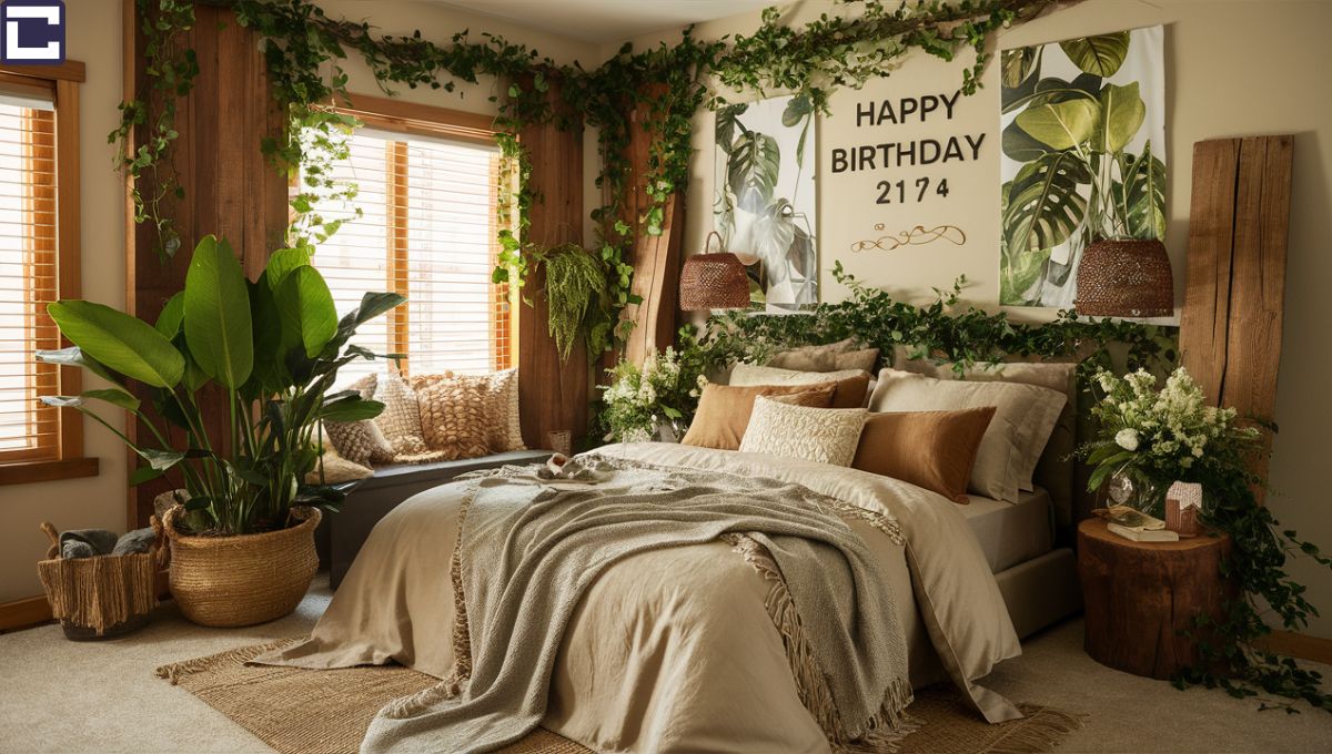 In this image,  bedroom is decorated with nature-inspired elements for a birthday celebration. The birthday bedroom decoration features wooden accents, botanical prints, and lush greenery to bring the outdoors inside. A large potted plant sits in the corner, adding a vibrant pop of green to the space. The bed is adorned with earth-toned linens and throw blankets, creating a cozy and inviting atmosphere. Natural light filters in through the window, illuminating the room with a warm and comforting glow. The overall decor exudes tranquility and serenity, perfect for a relaxing birthday celebration.